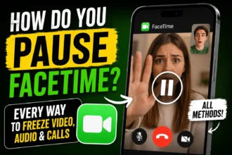 How Do You Pause FaceTime? Thumbnail showing a paused FaceTime video call with iPhone and freeze video controls.