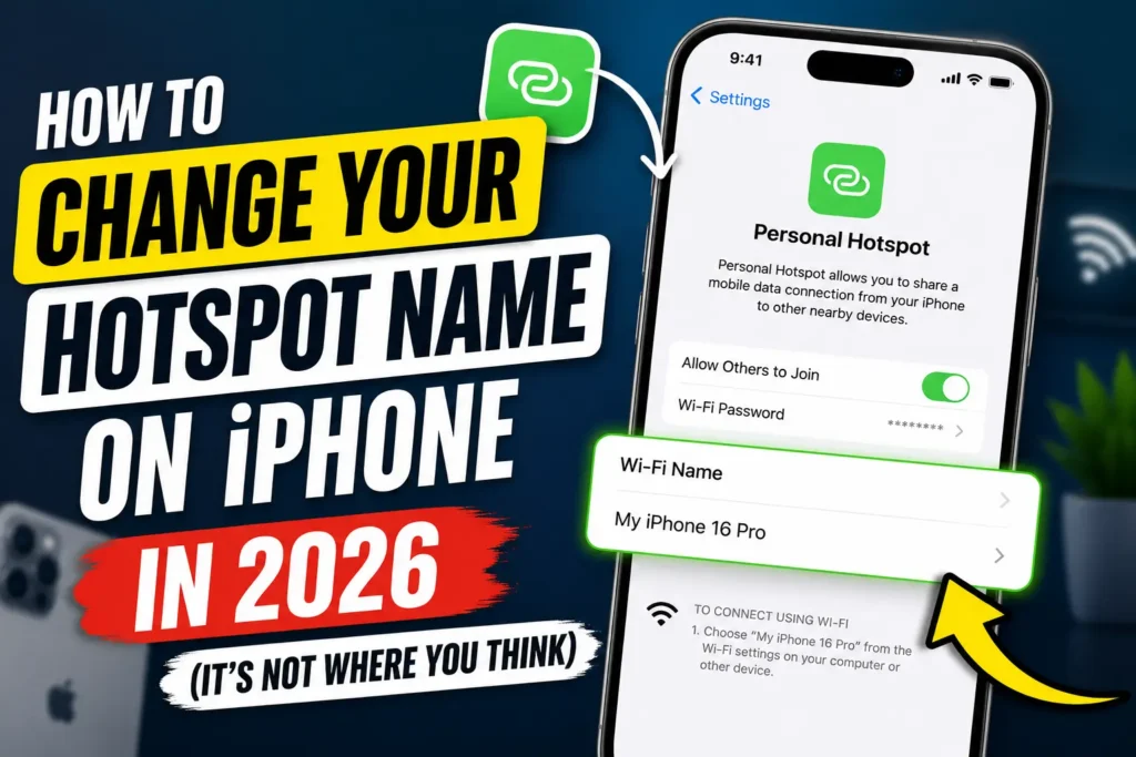 How to change your hotspot name on iPhone in 2026 by renaming the iPhone device for Personal Hotspot.