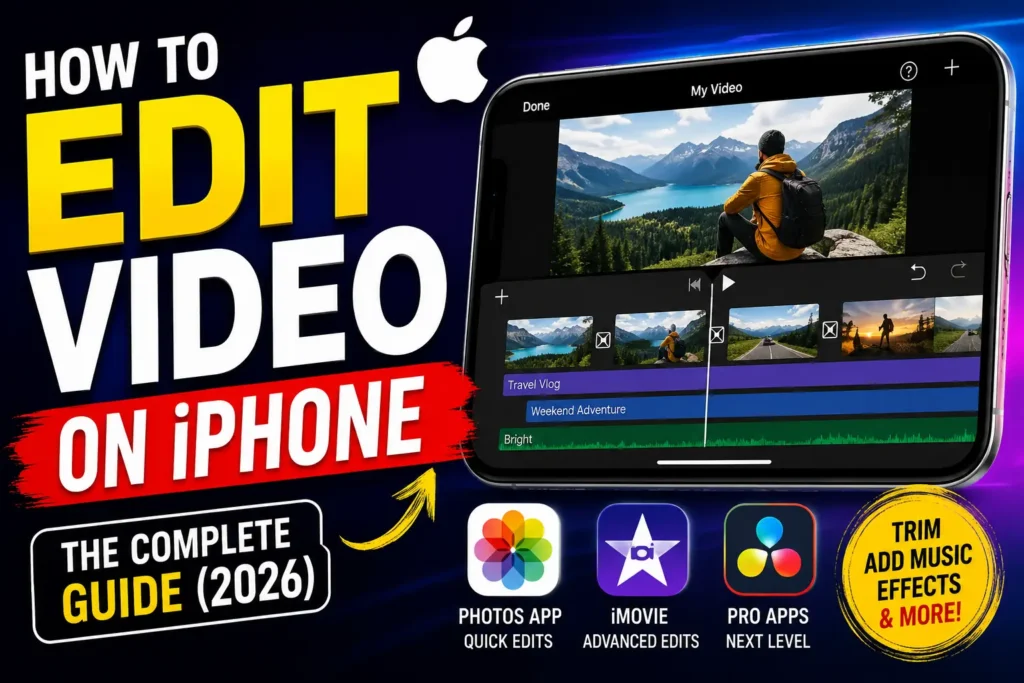 Thumbnail showing how to edit video on iPhone using the Photos app, iMovie, and professional video editing apps in 2026.