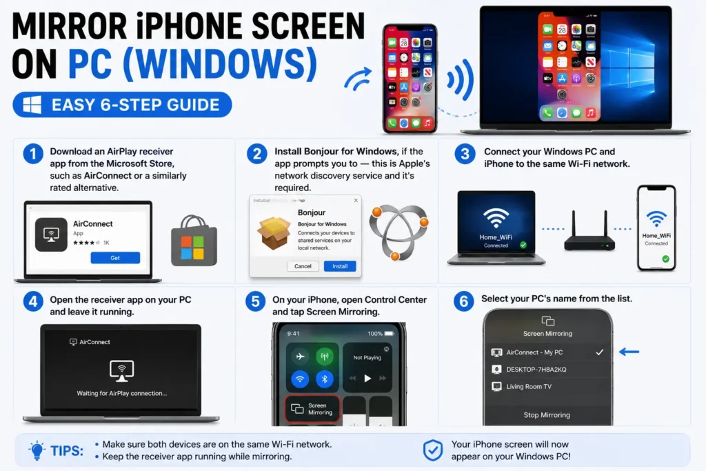 Illustrated guide showing an iPhone connecting wirelessly to a Windows PC using an AirPlay receiver application.