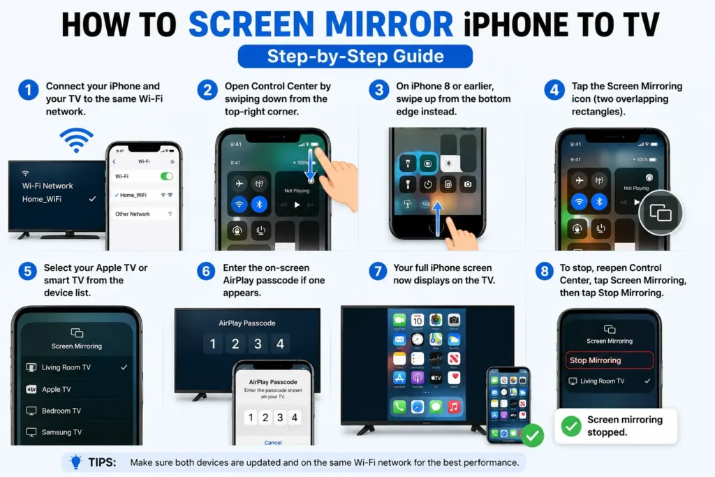 Step-by-step infographic showing how to screen mirror an iPhone to a TV using AirPlay and the Screen Mirroring feature.
