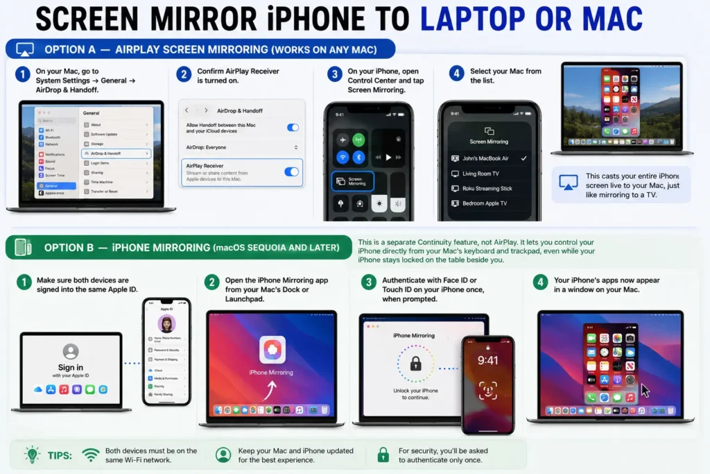 Comparison infographic showing AirPlay screen mirroring and iPhone Mirroring on a Mac with an iPhone connected.