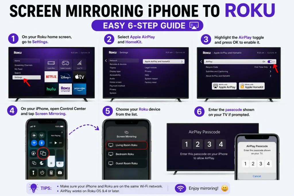 Infographic explaining how to enable AirPlay on a Roku device and mirror an iPhone screen wirelessly.