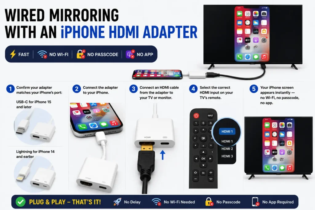 Step-by-step illustration showing an iPhone connected to a TV with an HDMI adapter for wired screen mirroring.