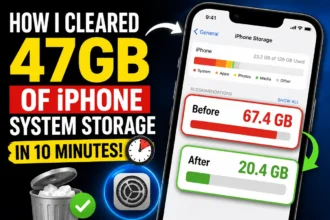Before and after iPhone System Data storage showing how 47GB of storage was cleared in 10 minutes