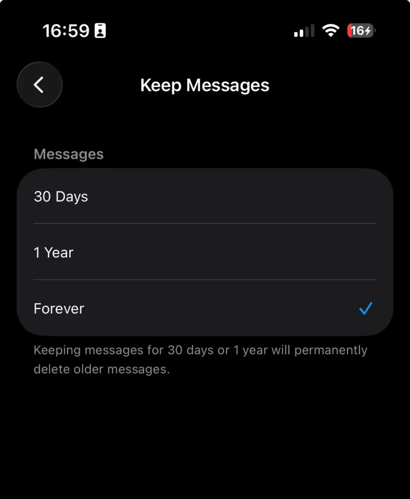 Keep Messages settings on iPhone with 30 Days, 1 Year and Forever options