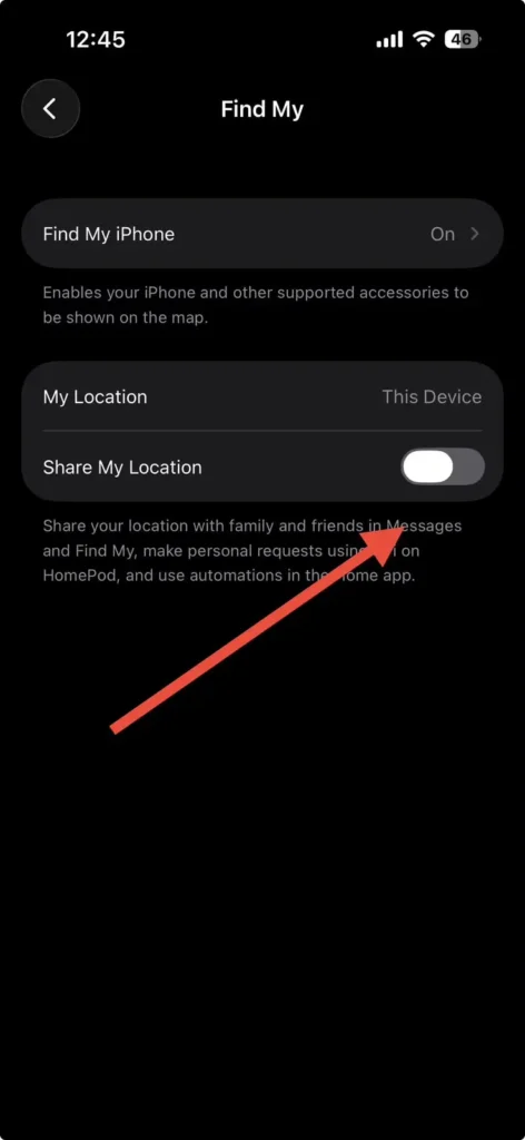 Share My Location toggle in Find My settings on iPhone turned off.