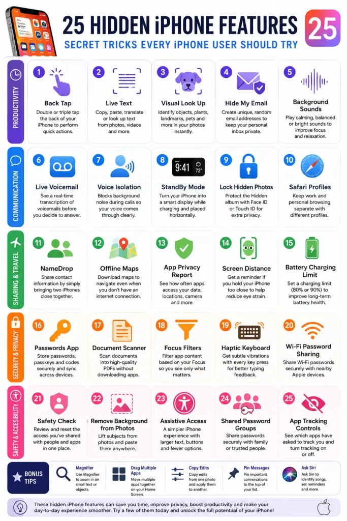 Infographic displaying 25 hidden iPhone features grouped into productivity, communication, privacy, accessibility, and travel categories.