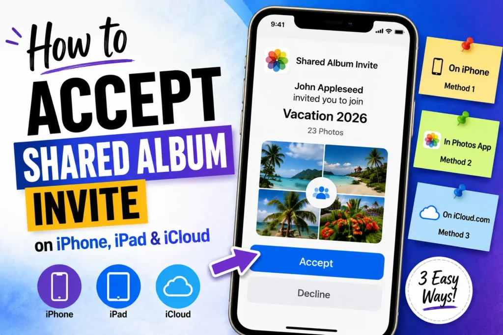 Illustration showing a Shared Album invitation on iPhone with methods to accept it on iPhone, iPad, and iCloud.