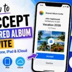 Illustration showing a Shared Album invitation on iPhone with methods to accept it on iPhone, iPad, and iCloud.