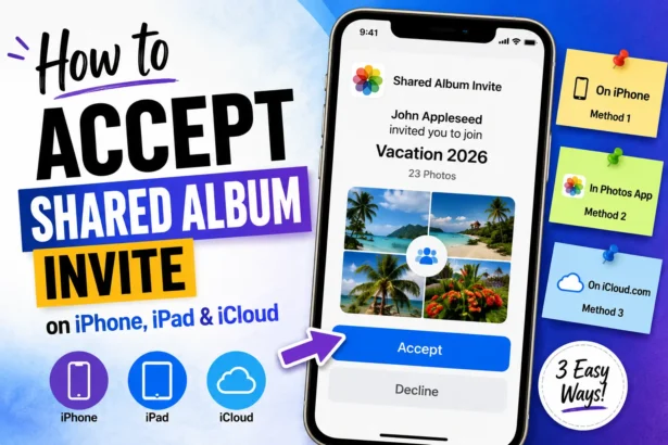 Illustration showing a Shared Album invitation on iPhone with methods to accept it on iPhone, iPad, and iCloud.