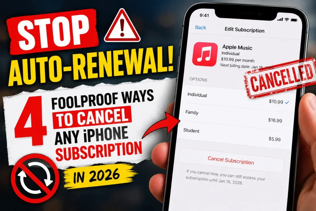 Thumbnail showing an iPhone subscription cancellation screen with bold "Stop Auto-Renewal" graphics, illustrating how to cancel subscription on iPhone in 2026.