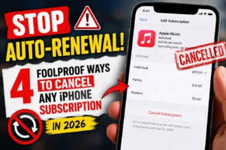 Thumbnail showing an iPhone subscription cancellation screen with bold "Stop Auto-Renewal" graphics, illustrating how to cancel subscription on iPhone in 2026.