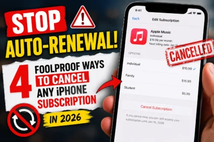 Thumbnail showing an iPhone subscription cancellation screen with bold "Stop Auto-Renewal" graphics, illustrating how to cancel subscription on iPhone in 2026.