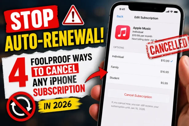 Thumbnail showing an iPhone subscription cancellation screen with bold "Stop Auto-Renewal" graphics, illustrating how to cancel subscription on iPhone in 2026.