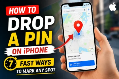 A hand holding an iPhone with Apple Maps open, showing a red location pin and the title about how to drop a pin on iPhone.