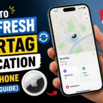 Blog thumbnail showing an iPhone displaying the Find My app with an AirTag location refresh illustration.