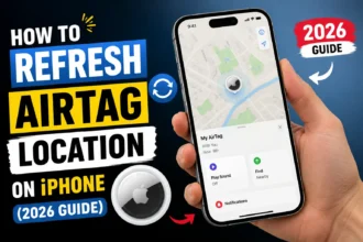 Blog thumbnail showing an iPhone displaying the Find My app with an AirTag location refresh illustration.