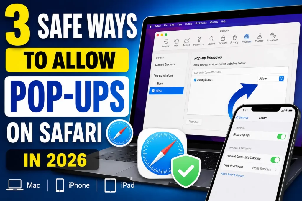 Thumbnail showing how to allow pop-ups on Safari on Mac, iPhone, and iPad using three safe methods in 2026.