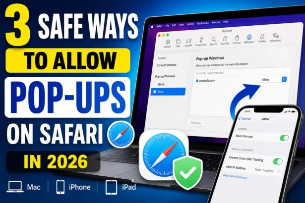 Thumbnail showing how to allow pop-ups on Safari on Mac, iPhone, and iPad using three safe methods in 2026.