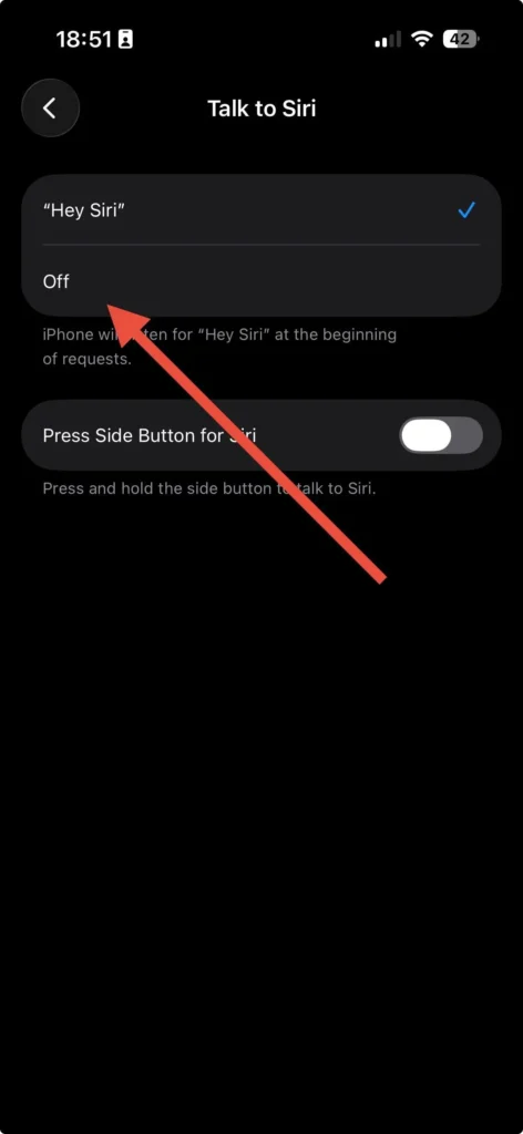 An iPhone settings screen showing the Talk to Siri menu, with a prominent red arrow pointing to the selected Off option to show how to turn off microphone on iPhone for voice commands.