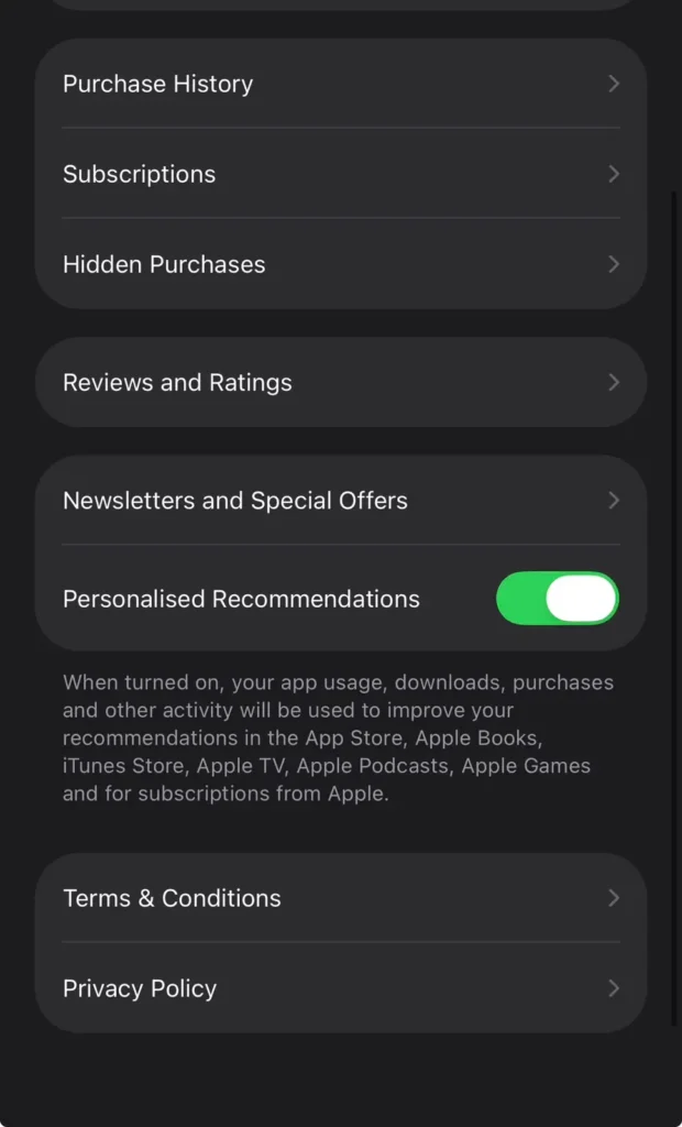 Screenshot of the App Store account page highlighting the Subscriptions option used when learning how to cancel subscription on iPhone.