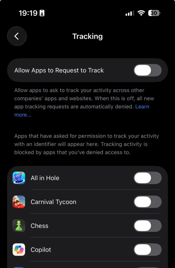 Tracking privacy settings showing the Allow Apps to Request to Track option on iPhone.