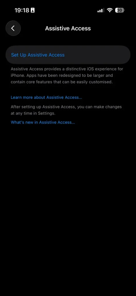 Assistive Access settings page offering simplified accessibility options on iPhone.