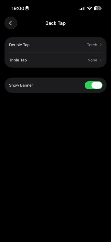 Screenshot of the iPhone Back Tap settings showing Double Tap and Triple Tap customization options in Accessibility.