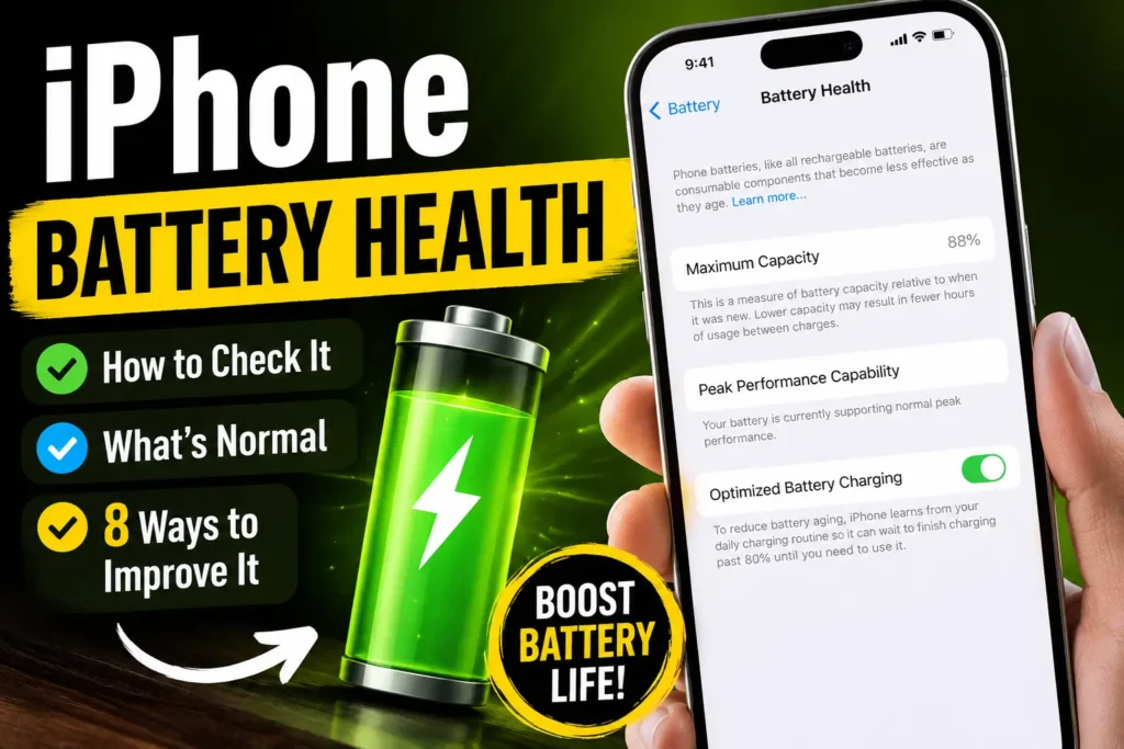 Complete iPhone Battery Health guide with battery capacity, health check, and eight proven battery improvement tips