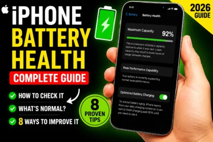 iPhone Battery Health guide showing how to check battery health, normal battery capacity, and ways to improve battery life