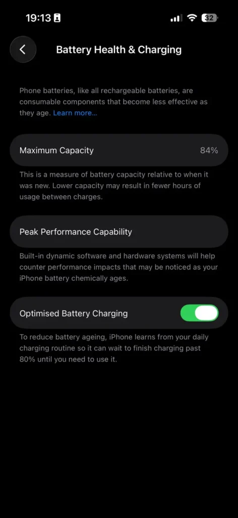 Battery Health & Charging settings showing Maximum Capacity and Optimised Battery Charging enabled on iPhone.