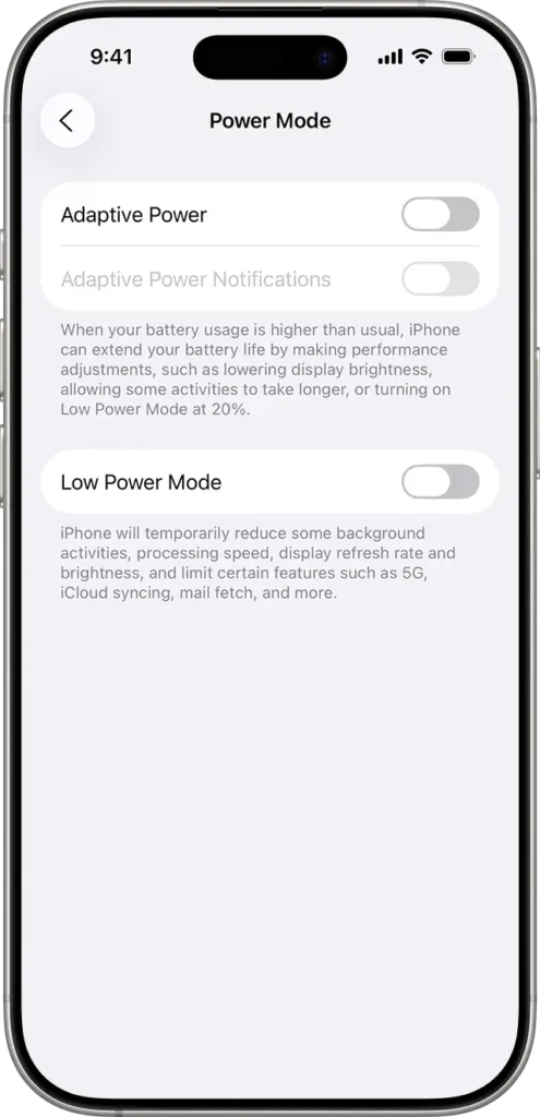 Adaptive Power Mode settings on iPhone showing the battery optimization toggle in the Power Mode menu.