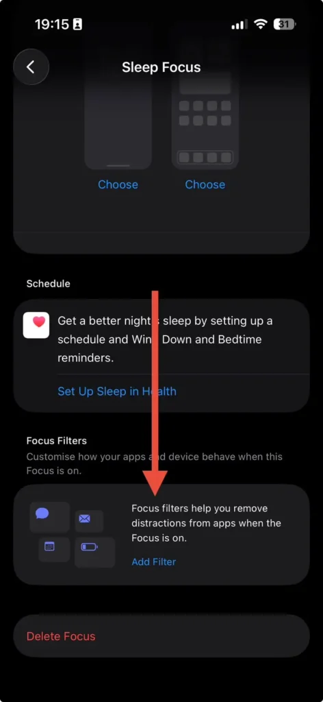 Sleep Focus settings showing Focus Filters available for apps and device customization.