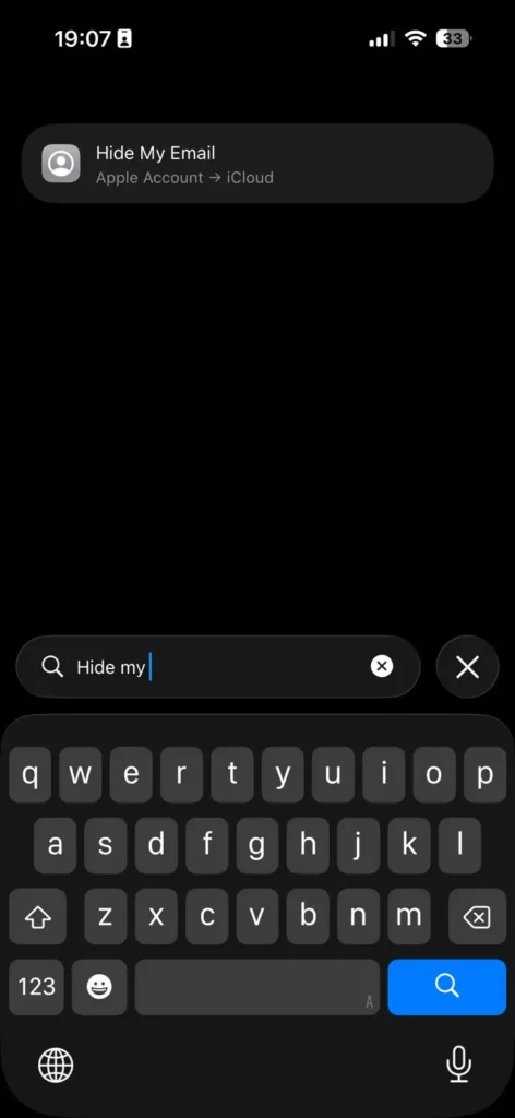 iPhone Settings search displaying the Hide My Email option within Apple Account and iCloud settings.