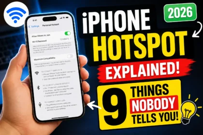 Thumbnail showing an iPhone Personal Hotspot settings screen with tips explaining nine important iPhone hotspot features and settings in 2026.