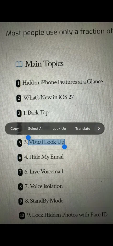 Live Text selecting words from a photo on iPhone, showing options to copy, translate, and look up highlighted text.