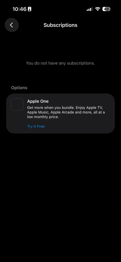 iPhone screen displaying the Subscriptions page with no active subscriptions available after cancellation.