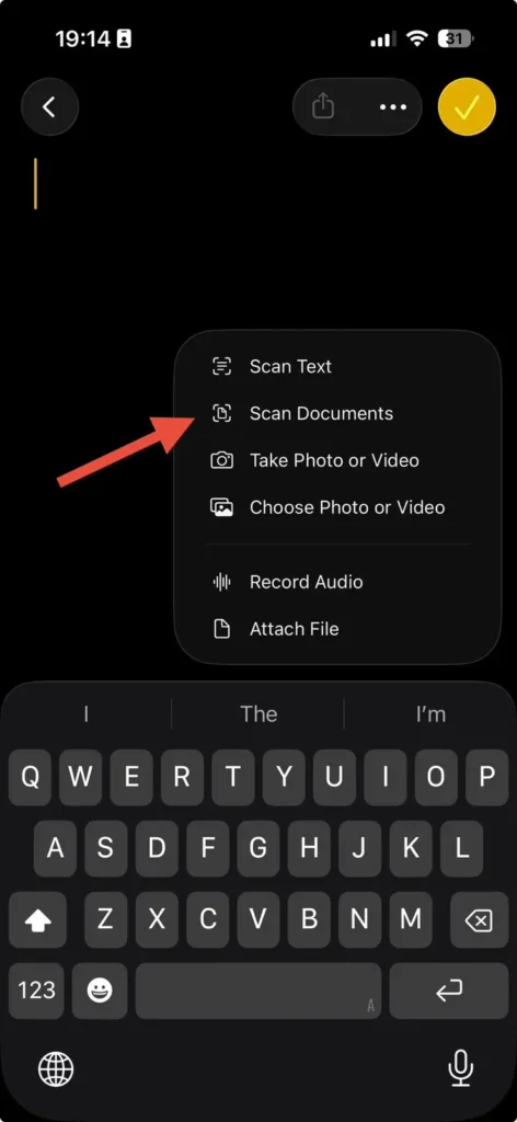 Notes app menu showing the Scan Documents option before creating a scanned document on iPhone.
