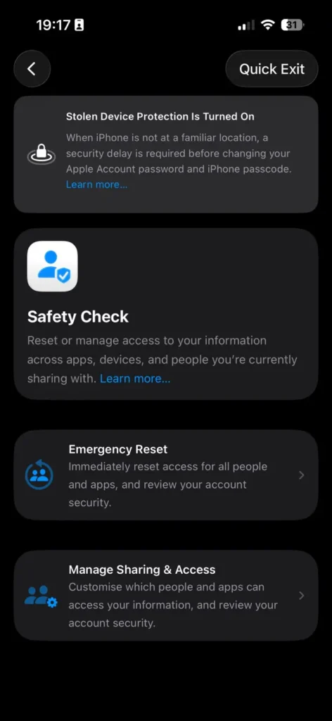Safety Check screen showing Emergency Reset and Manage Sharing & Access options on iPhone.