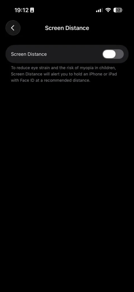 iPhone Accessibility page showing the Screen Distance feature and its toggle switch.