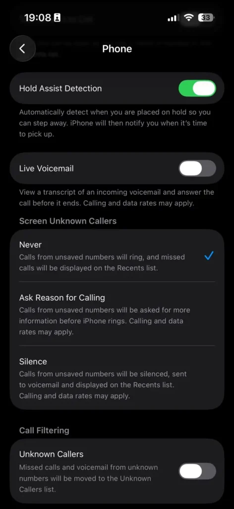 iPhone Phone settings showing Screen Unknown Callers options including Never, Ask Reason for Calling, and Silence.