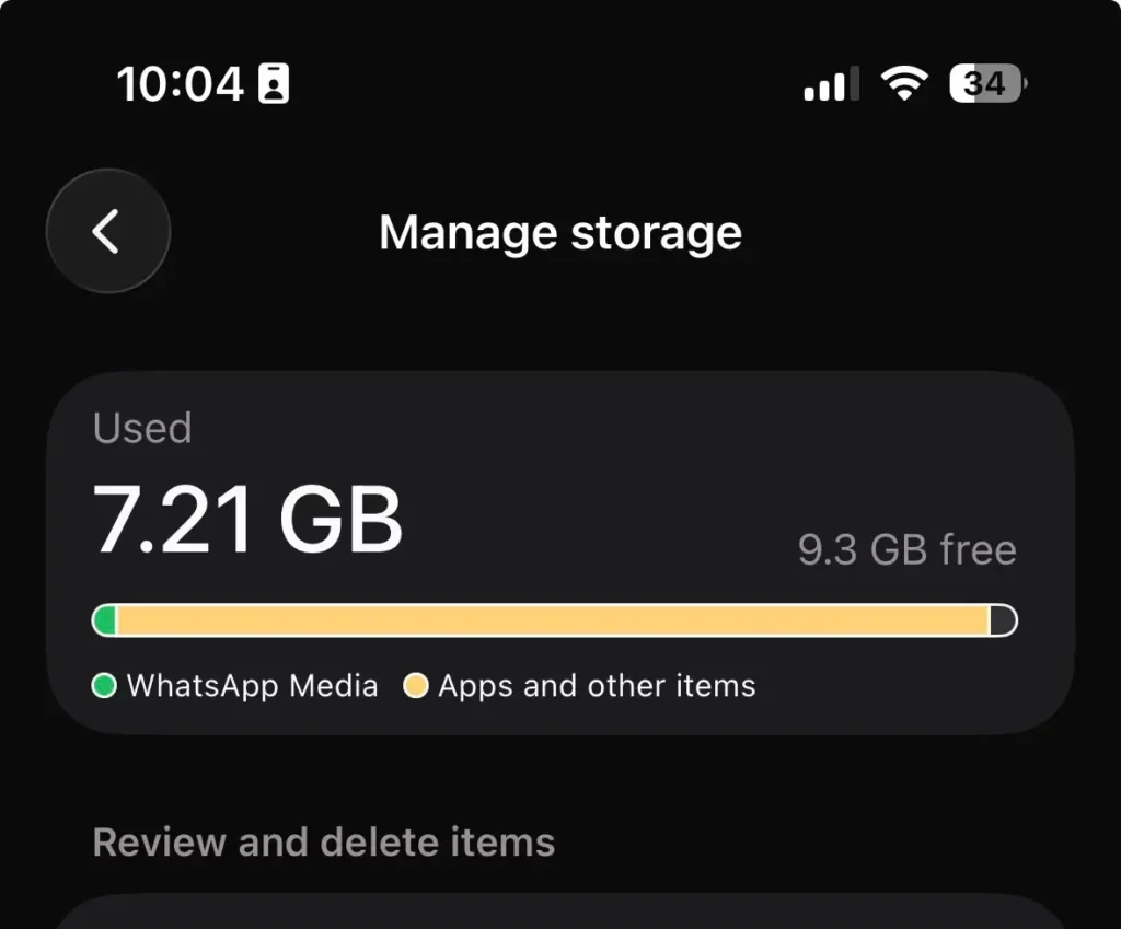 iPhone storage management screen showing used storage and available space