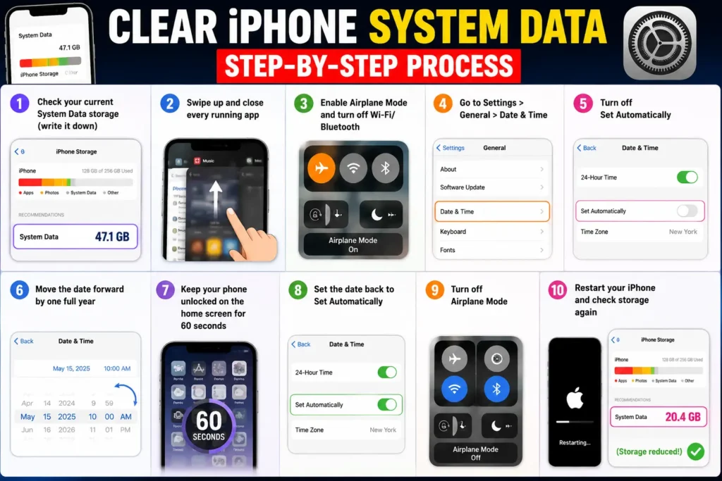 Step-by-step infographic explaining how to reduce iPhone System Data storage