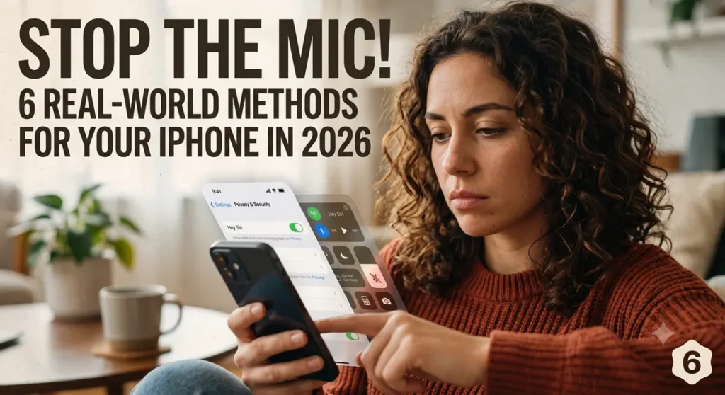 A woman with curly brown hair looking concerned while adjusting microphone privacy settings on her iPhone screen. Overlaid bold text reads "STOP THE MIC! 6 REAL-WORLD METHODS FOR YOUR IPHONE IN 2026."
