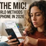 A woman with curly brown hair looking concerned while adjusting microphone privacy settings on her iPhone screen. Overlaid bold text reads "STOP THE MIC! 6 REAL-WORLD METHODS FOR YOUR IPHONE IN 2026."