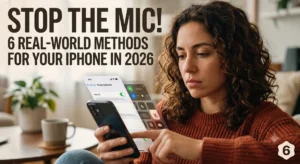 A woman with curly brown hair looking concerned while adjusting microphone privacy settings on her iPhone screen. Overlaid bold text reads "STOP THE MIC! 6 REAL-WORLD METHODS FOR YOUR IPHONE IN 2026."