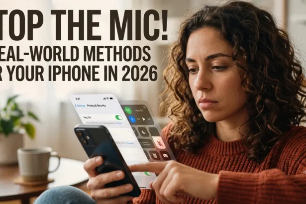 A woman with curly brown hair looking concerned while adjusting microphone privacy settings on her iPhone screen. Overlaid bold text reads "STOP THE MIC! 6 REAL-WORLD METHODS FOR YOUR IPHONE IN 2026."