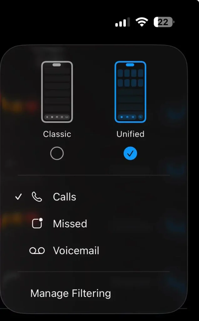 iPhone Phone app menu displaying the Voicemail option in the Unified Calls layout on iOS 26