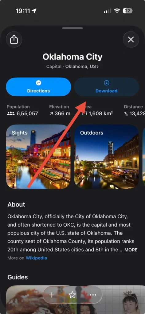 Maps app location page highlighting the Download button used to save an area for offline navigation on iPhone.